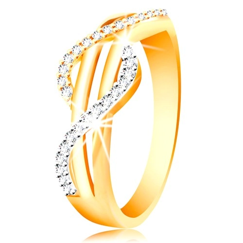 Zlatý prsten 585 - zirkonové vlnky ze žlutého a bílého zlata, rovné hladké pásy - Velikost: 49