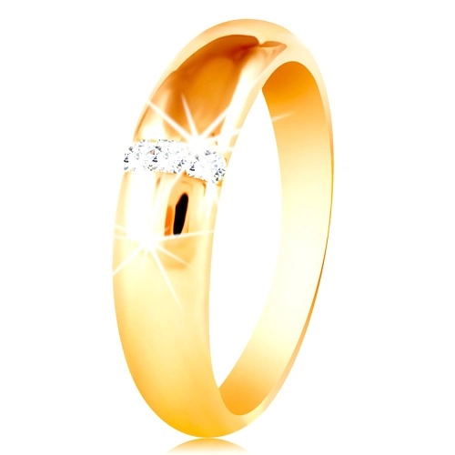 Prsten ve žlutém 14K zlatě se zaobleným povrchem a svislou linií zirkonů - Velikost: 56