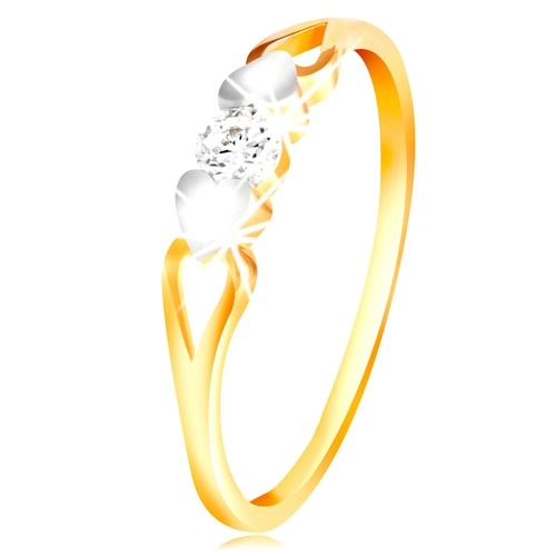 Zlatý prsten 585 - srdíčka z bílého zlata, výřezy a čirý zirkon uprostřed - Velikost: 49
