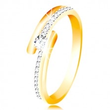 Zlatý prsten 585 - rozdvojená ramena s kombinací bílého zlata, vystouplý kulatý zirkon čiré barvy