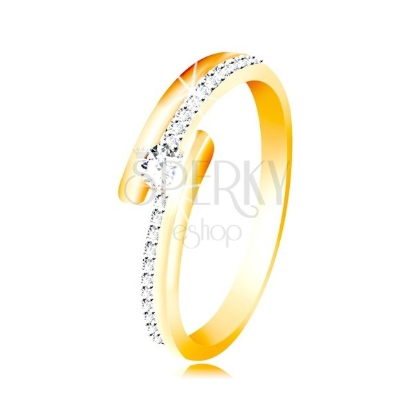 Zlatý prsten 585 - rozdvojená ramena s kombinací bílého zlata, vystouplý kulatý zirkon čiré barvy