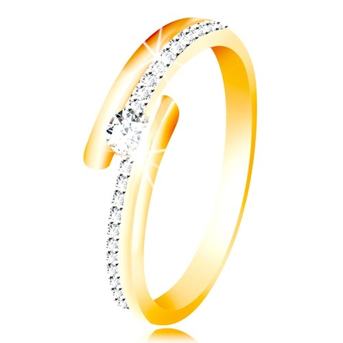 Zlatý prsten 585 - rozdvojená ramena s kombinací bílého zlata, vystouplý kulatý zirkon čiré barvy - Velikost: 55