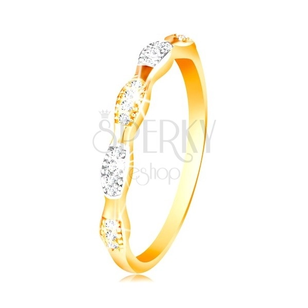 Prsten ve 14K zlatě - dvoubarevná zrnka se vsazenými zirkony, lesklá ramena