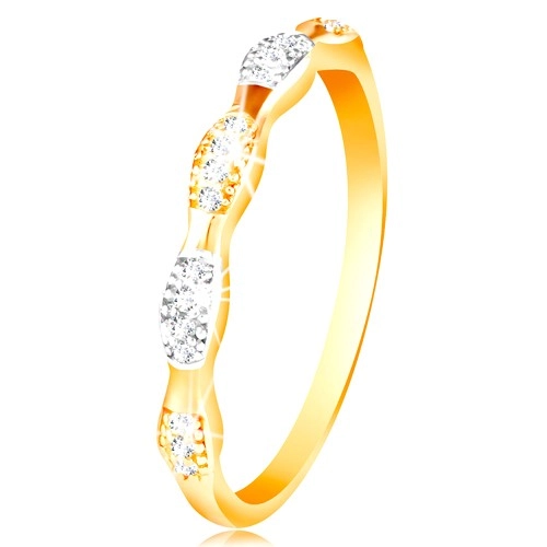 Prsten ve 14K zlatě - dvoubarevná zrnka se vsazenými zirkony, lesklá ramena - Velikost: 58