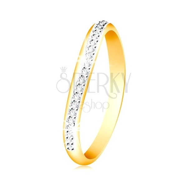 Zlatý 14K prsten - blýskavý zvlněný pás z čirých zirkonů a bílého zlata