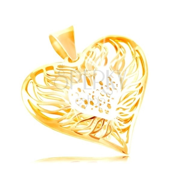 Zlatý přívěsek 585 - velké dvoubarevné srdce, střed z bílého zlata, plameny okolo