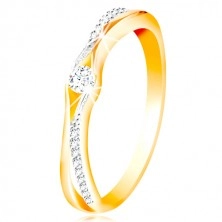 Zlatý 14K prsten, rozdělená ramena ze žlutého a bílého zlata, čiré zirkony