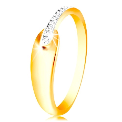 Prsten ze zlata 585 - lesklá oblá slza a třpytivý pás z čirých zirkonů - Velikost: 48