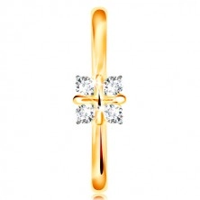 Zlatý 14K prsten - lesklá zaoblená ramena, čtyři čiré zirkony, křížek uprostřed