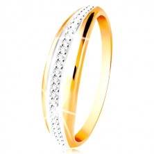 Zlatý 14K prsten - vypouklý pás s linií bílého zlata a čirých zirkonů