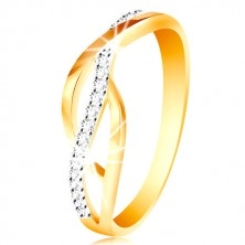 Prsten v kombinovaném 14K zlatě - propletené hladké a zirkonové linie