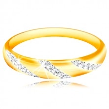 Prsten ze 14K zlata se zaobleným povrchem a šikmými liniemi zirkonů