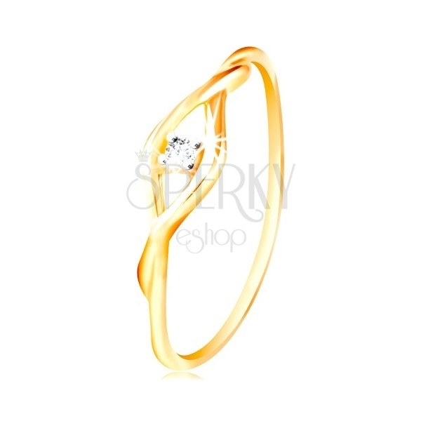 Zlatý prsten 585 - čirý kulatý zirkon mezi dvěma tenkými vlnkami