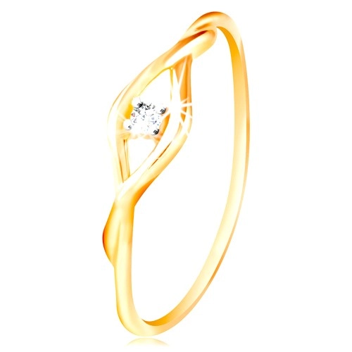 Zlatý prsten 585 - čirý kulatý zirkon mezi dvěma tenkými vlnkami - Velikost: 53