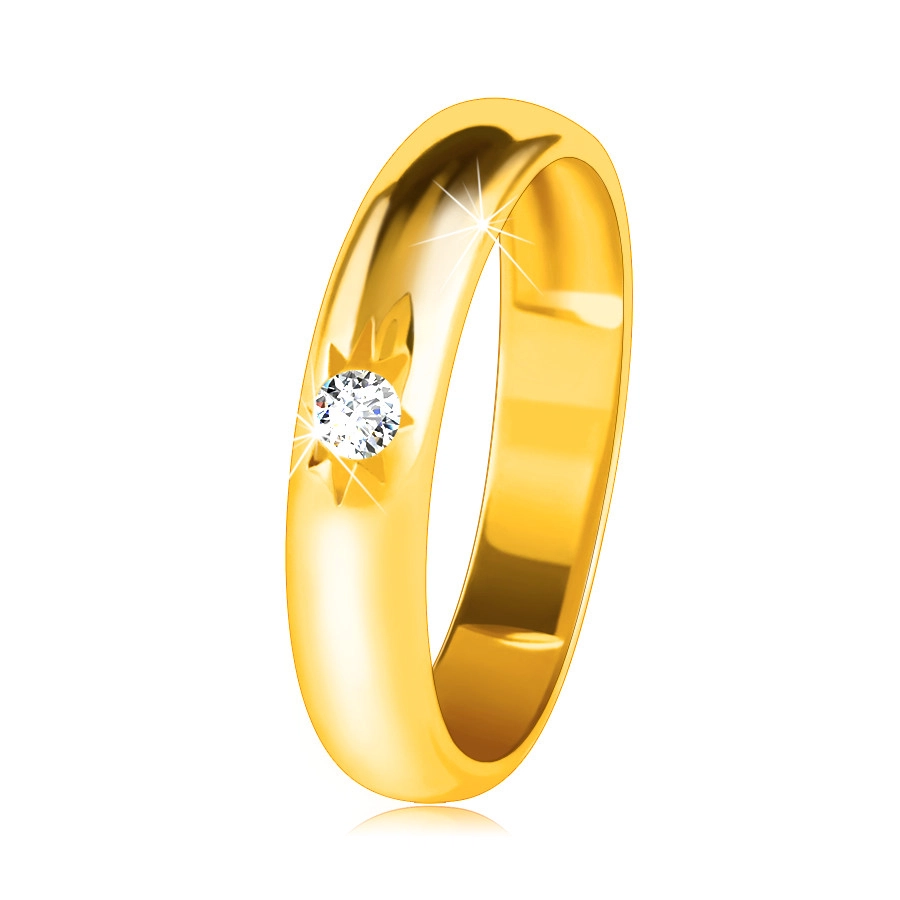 Prsten ve žlutém 14K zlatě se zaobleným povrchem, hvězdičkou a čirým zirkonem - Velikost: 48