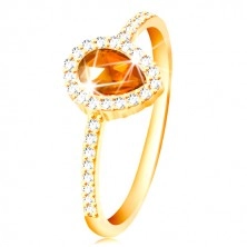 Prsten ze žlutého 14K zlata, kapka oranžové barvy s čirým zirkonovým lemem