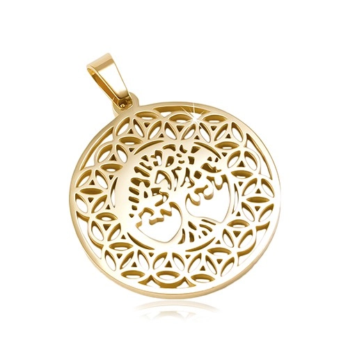 Levně Kruhový přívěsek z oceli 316L zlaté barvy, strom života, ornamenty