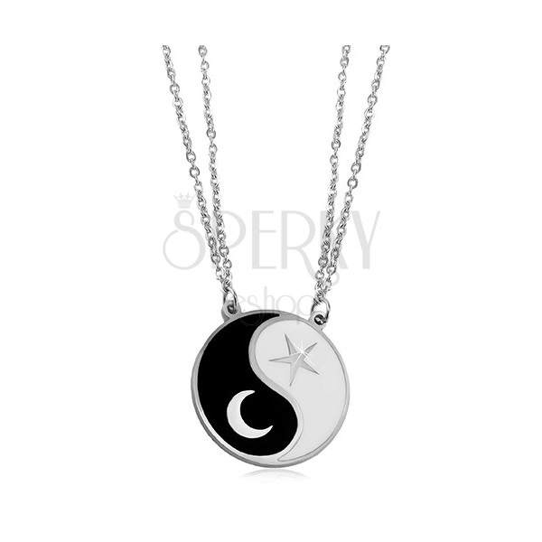 Ocelový náhrdelník, dva řetízky, černobílý symbol Jin a Jang, měsíc a hvězda