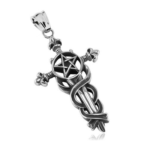 Levně Patinovaný přívěsek, ocel 316L, velký liliový kříž s hady, pentagram
