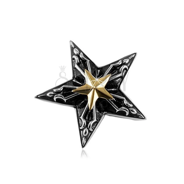 Ocelový přívěsek, velká černá hvězda s malou hvězdou zlaté barvy uprostřed