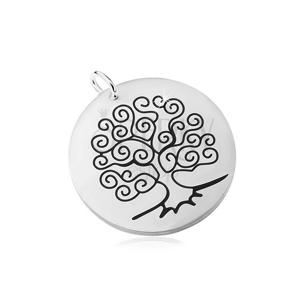 Ocelový přívěsek ve stříbrném odstínu, matný kruh s černým stromem života
