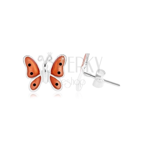 Stříbrné 925 náušnice, motýl s oranžovými glazovanými křídly