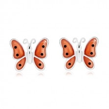 Stříbrné 925 náušnice, motýl s oranžovými glazovanými křídly