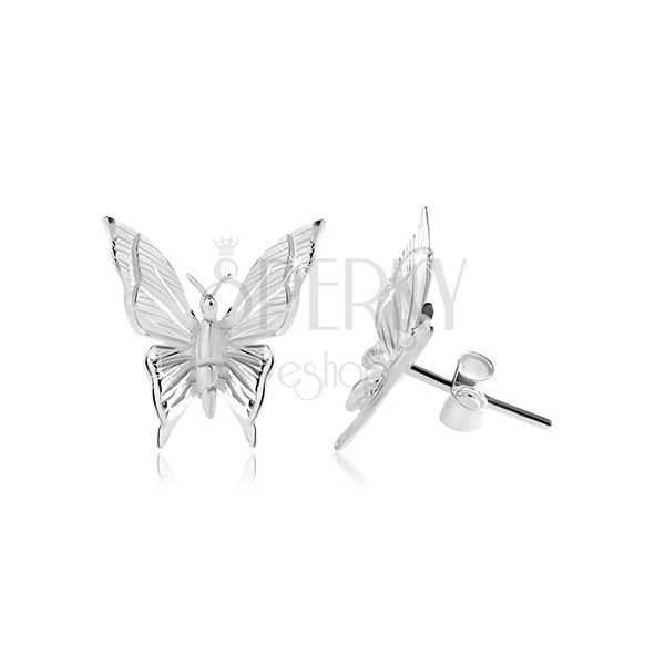 Stříbrné 925 náušnice, motýl s gravírovanými zářezy na křídlech