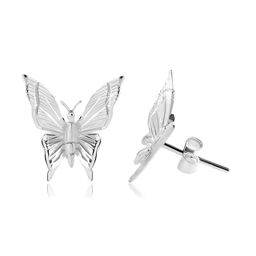 Stříbrné 925 náušnice, motýl s gravírovanými zářezy na křídlech