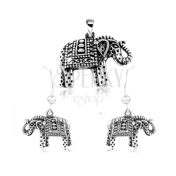Stříbrný 925 set, náušnice a přívěsek, gravírovaný slon s černou patinou