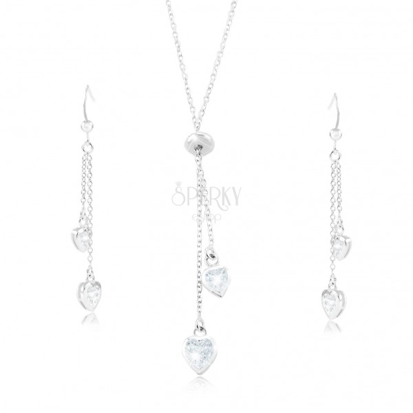 Set ze stříbra 925 - náhrdelník a náušnice, zirkonová srdíčka na řetízcích