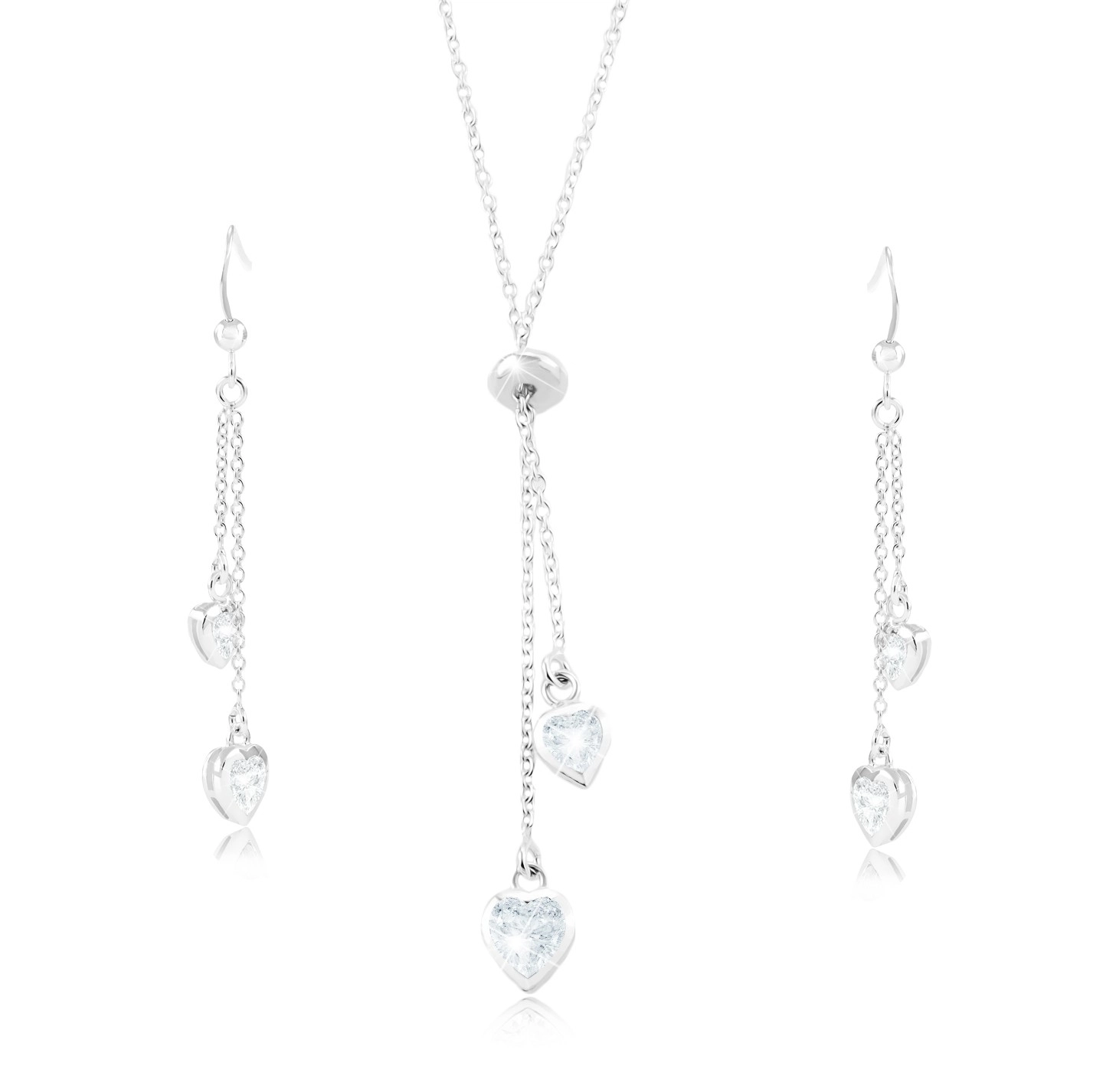 Levně Set ze stříbra 925 - náhrdelník a náušnice, zirkonová srdíčka na řetízcích