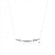 Stříbrný náhrdelník 925, úzký hranol s nápisem Love You Mom, bílá kulička