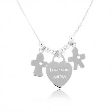 Stříbrný náhrdelník 925, srdce s nápisem Love you MOM, chlapeček a děvčátko