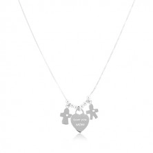 Stříbrný náhrdelník 925, srdce s nápisem Love you MOM, chlapeček a děvčátko