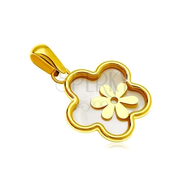 Přívěsek ze žlutého 14K zlata - květ s výplní z perleti a s menším kvítkem