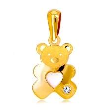 Přívěsek ve žlutém zlatě 585 - medvídek s perleťovým srdíčkem a čirým zirkonem