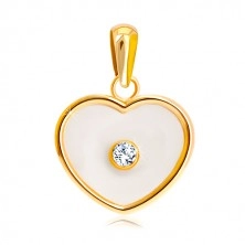 Přívěsek ze žlutého 14K zlata - srdce s perletí a čirým zirkonem uprostřed