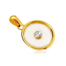 Přívěsek ve žlutém 14K zlatě - kruh s výplní z perleti a čirým zirkonem uprostřed