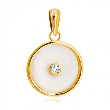 Přívěsek ve žlutém 14K zlatě - kruh s výplní z perleti a čirým zirkonem uprostřed