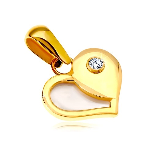 Zlatý 14K přívěsek - srdce s polovinou z bílé perleti a kulatým zirkonem