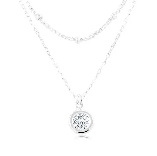 Stříbrný 925 náhrdelník, dvojitý řetízek, kulatý zirkon a drobné kuličky
