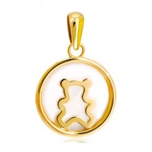 Přívěsek ze žlutého 14K zlata - kruh s bílou perletí a medvídkem