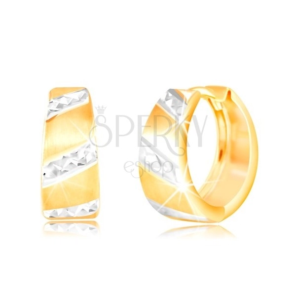 Zlaté náušnice 585 - matný rozšířený kroužek, blýskavé pásy z bílého zlata