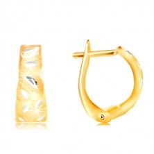 Zlaté 14K náušnice - matný oblouk s lesklými lístečky z bílého zlata