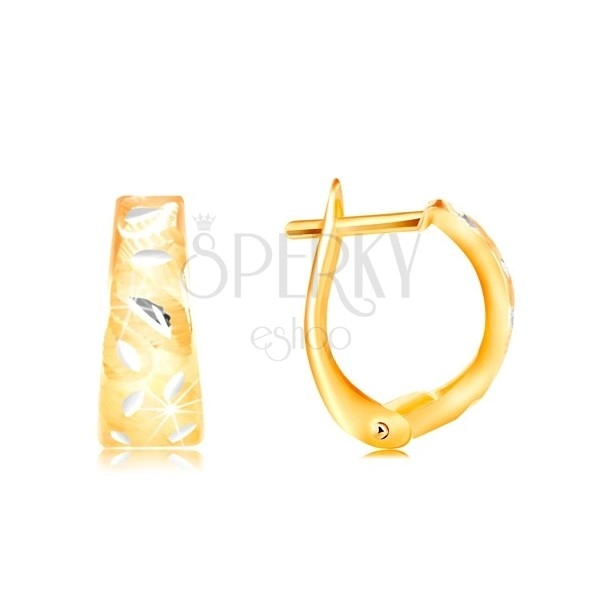 Zlaté 14K náušnice - matný oblouk s lesklými lístečky z bílého zlata