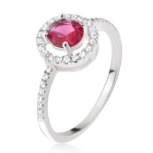 Stříbrný prsten 925 - kulatý růžovočervený zirkon, čirá obruba