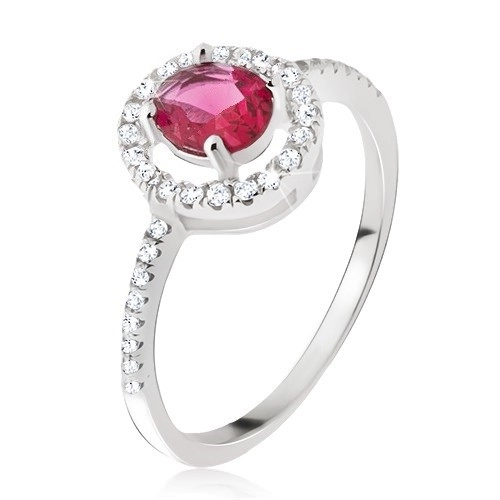 Stříbrný prsten 925 - kulatý růžovočervený zirkon, čirá obruba - Velikost: 60