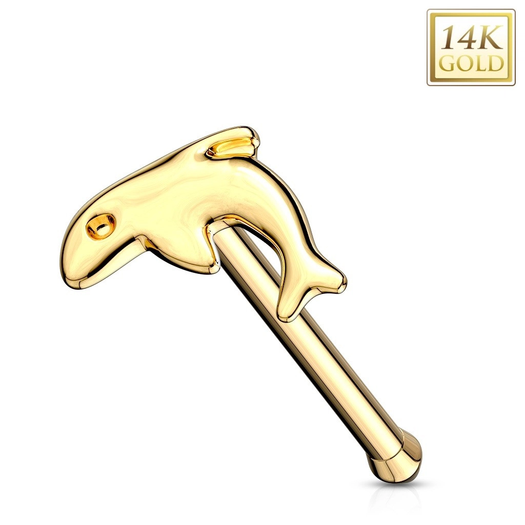 Rovný piercing do nosu ve žlutém zlatě 585 - malý lesklý delfín