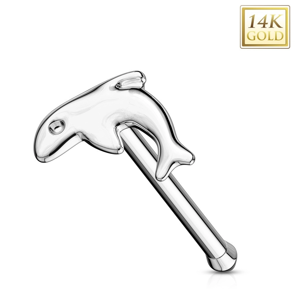 Rovný piercing do nosu z bílého zlata 585 - malý lesklý delfín